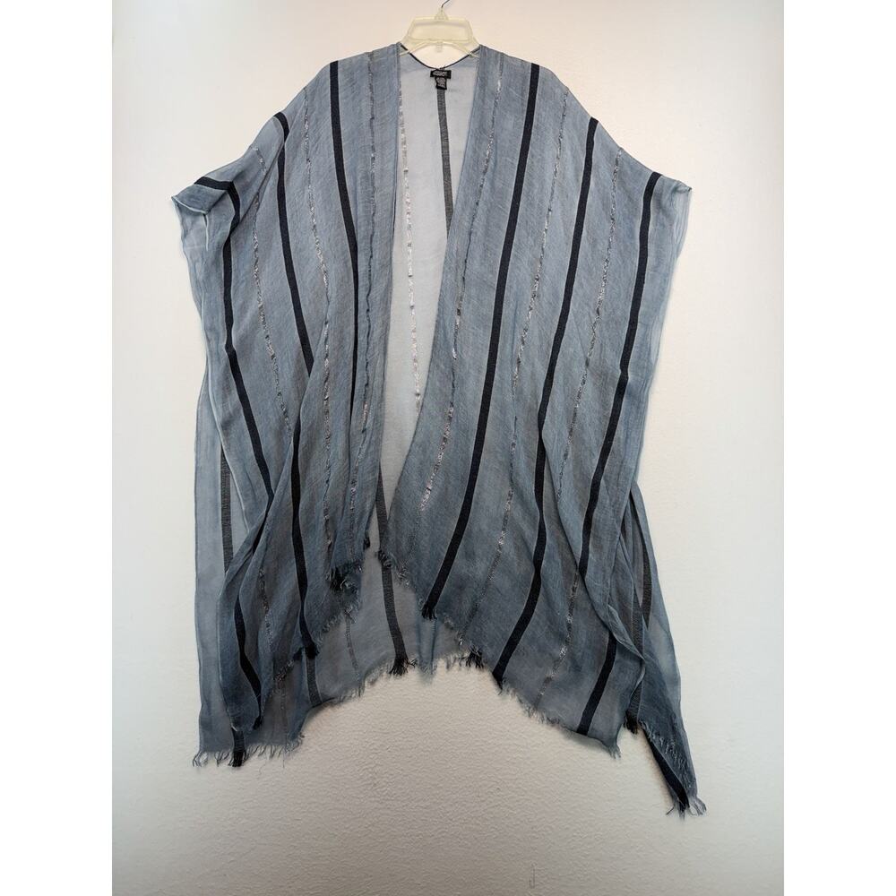 Open Front Blue Silver One Size Fringed Kimono Cover Up Beach Pool Sheer Strip
